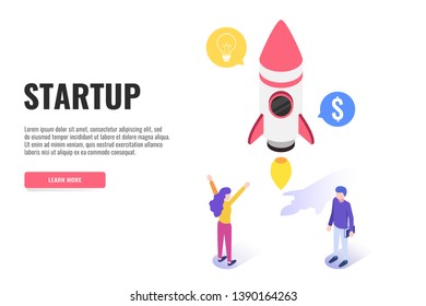 Modern design concept of Startup project. Successful rocket launch. Landing page template, web banner, infographics. Isometric vector illustration.