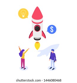 Modern design concept of Startup project. Successful rocket launch. Landing page template, web banner, infographics. Isometric vector illustration.