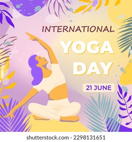 Modern design concept for a web page or mobile website. Poster of a woman in a yoga pose on a background of tropical leaves. International Yoga Day. Vector illustration