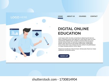 Conceptos de diseño moderno Educación digital en línea para sitios web y sitios web móviles. Ilustración vectorial de la plantilla de la página de inicio, con un hombre que muestra el tema en la clase