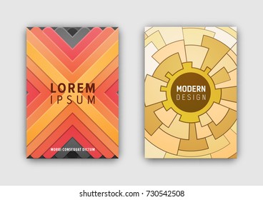 Modern design covers, crossing stripes and geometric shapes making up mosaic, title sample and text vector illustration isolated on white