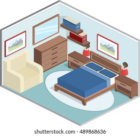 Modern design of cozy bedroom with furniture. Interior in isometric style in blue and brown colors. Vector 3D illustration.
