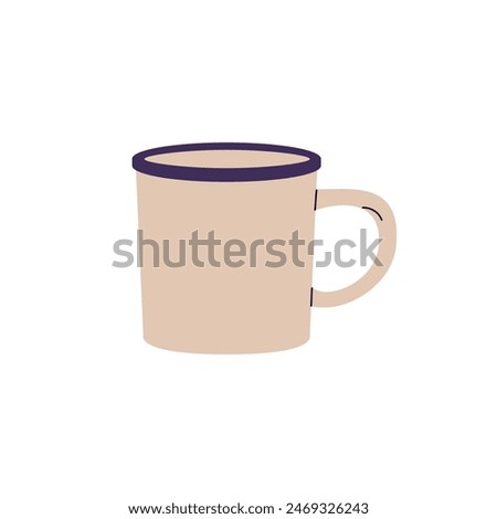 Modern design of cup in minimal style. Simple handmade mug with handle for coffee, beverages, water. Cute pottery teacup of tea, hot drinks. Flat isolated vector illustration on white background