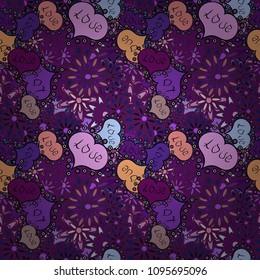 Modern design for decor, textile, wrapping. Valentines day background. Simple minimalist geometric seamless texture. Subtle vector pattern with tiny purple, violet and black hearts on backdrop.