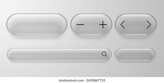 Modern design elements, buttons or frames in liquid glass style with search icon, toggle arrows and plus and minus icons. Glass morphism. Vector illustration.