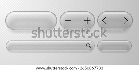 Modern design elements, buttons or frames in liquid glass style with search icon, toggle arrows and plus and minus icons. Glass morphism. Vector illustration.