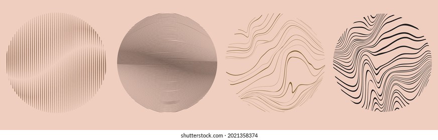 Modern design elements  . Contemporary abstract vector striped geometric round shapes . Background, Trendy hand drawn wavy lines pattern .