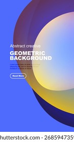 Modern design features overlapping colorful shapes. Text promotes creative geometric backgrounds, includes call to action button.