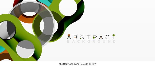 Modern design features vibrant circles, curves, lines. Green, orange, gray tones create dynamic visual effect. Clean background enhances composition.