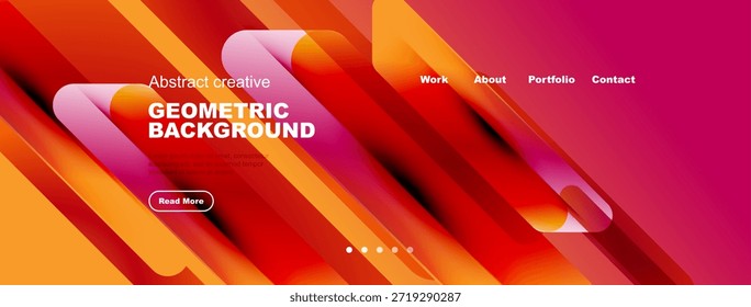 El diseño moderno presenta Gradientes naranjas y rosados vibrantes. Las Formas geométricas se superponen creando un efecto visual dinámico. La navegación incluye trabajo, información, Cartera, contacto.