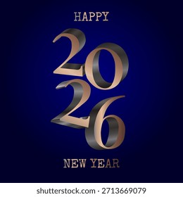 Ein modernes Design mit Happy New Year 2026 mit eleganten 3D-Bronze-Zahlen auf dunkelblauem Hintergrund