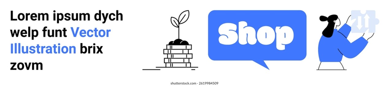 Modern design featuring a plant sprout on stacked coins shop speech bubble and person, delivering groceries Ideal for ecommerce ecological growth environment sustainable shopping mobile applications