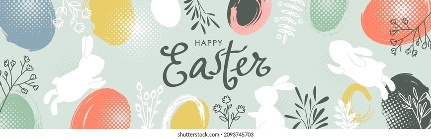 modern design of festive banner Happy Easter. Easter eggs, bunnies, flowers and hand lettering in halftone style. greeting card. vector illustration