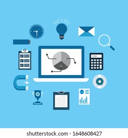 Modern design flat icon vector collection concept in stylish colors of business workflow items and elements, office things and equipment, finance and marketing objects.