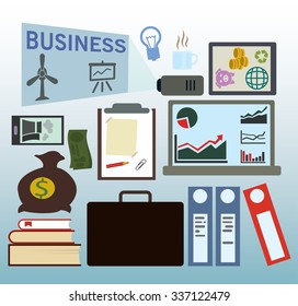 Modern design flat icon vector collection concept in stylish colors of business workflow items and elements, office things and equipment, finance and marketing objects. Isolated on blue background.