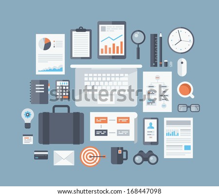 Modern design flat icon vector collection concept in stylish colors of business workflow items and elements, office things and equipment, finance and marketing objects. Isolated on blue background.  