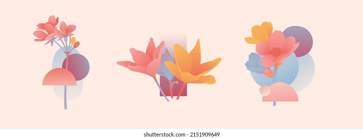 Modern design flower composition. Abstract shape. Invitations in the minimalism style with spring plants, leaves, geometric forms. Vector.