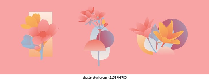 Composición floral de diseño moderno. Forma abstracta. Invitaciones en estilo minimalista con plantas primaverales, hojas, formas geométricas. Vector.