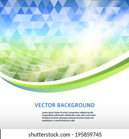 Modern Design geometric style template on blur background with space place for your text. Blurry green field and blue sky with summer sun burst. Vector illustration EPS 10 for wellness theme booklet 