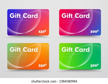 Modern design gift cards with mixed gradients and intersecting circles of lines. Vector templates of vouchers of different denominations and colors.