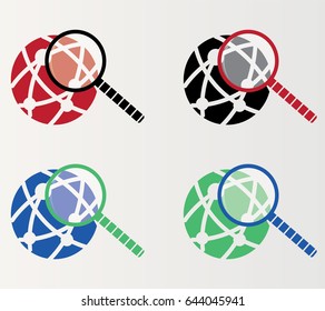 Modern design global technology or social network vector icon in four color variants. Vector internet logo with magnifier glass illustration 