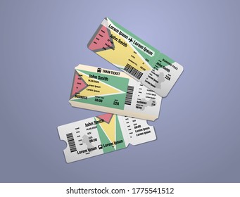 Modern design of Guyana airline, bus and train travel boarding pass. Three tickets of Guyana painted in flag color. Vector illustration isolated