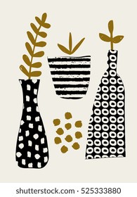 Modern design with hand drawn plants in black, cream and ochre.