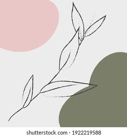 Modern design with hand-drawn botanical elements and abstract shapes in a trendy warm color palette. Square social media post template, greeting card, modern wall art. Vector graphics