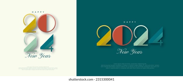 Modern Design Happy New Year 2024. With thick and modern fonts. Colorful design. Vector Premium Background for Banners, Posters or Calendar.