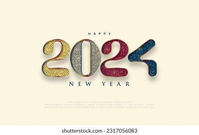 Modern Design Happy New Year 2024. With thick and modern fonts. Colorful design. Vector Premium Background for Banners, Posters or Calendar.