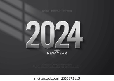 Modern design of happy new year 2024 celebration with numbers stuck on the wall. Premium design with a shiny silver color exposed to light.