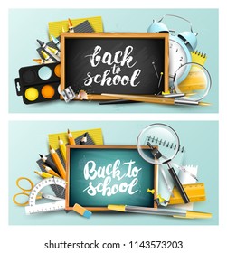 Modern design headers with school accessories and "Back to school" hand drawn lettering