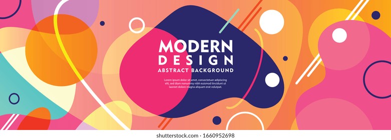 Modern design horizontal poster with  bright colorful abstract geometric elements and curve lines flat vector illustration 