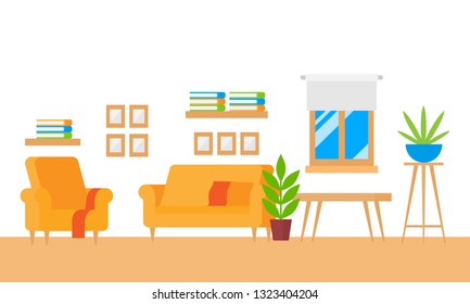 Modern design for house, flat vector illustration of living room. Indoor decoration. Apartment hotel interior with cozy furniture table, armchair, couch.