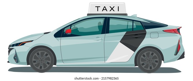 modernes Design-Hybrid-Taxi-Auto einzeln auf weißem Hintergrund. Realistische Taxifahrer-Vektorgrafik für Werbung, Corporate Identity. Branding-Modell für Stadtfahrzeuge. Einfach zu bearbeiten und neu zu färben. Seitenansicht