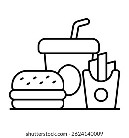 Modern design icon of burger with drink and fries, fast food icon