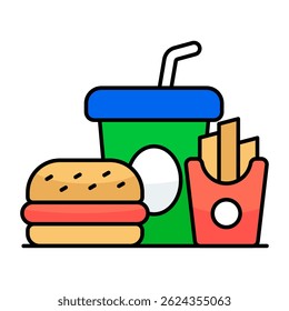 Modern design icon of burger with drink and fries, fast food icon