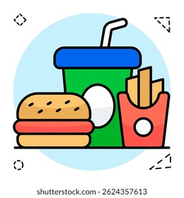 Modern design icon of burger with drink and fries, fast food icon