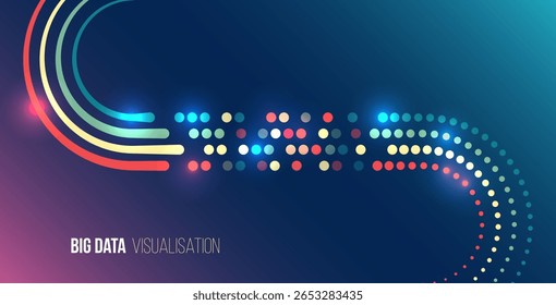 Modern design illustrating analysis and information flow. For high-tech presentations. Abstract big data visualization with colored circles and wavy lines on gradient background.