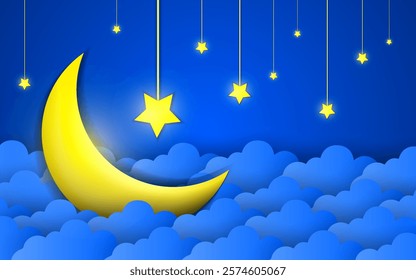 Modern design illustration for Ramadan Kareem with crescent moon, and stars.