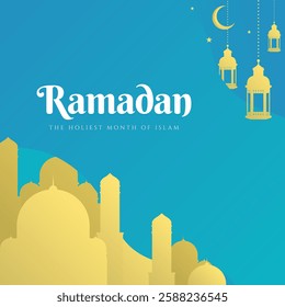 Modern design illustration for Ramadan Kareem with hanging lanterns, a crescent moon, stars, and mosque silhouette. Vector Illustration.