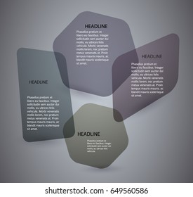 Modern Design info graphic style template on dark background with numbered Irregular transparent glossy glass button blocks. Vector illustration EPS 10 for new product newsletters, pages presentation