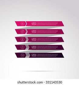 Modern Design Infographic with icons and numbered stripes template, pink - purple gradient on light background