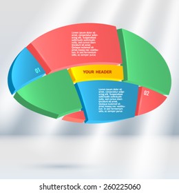 Modern Design infographic style template on gray background with design element effect 3d divided into sector pie circle. Vector illustration EPS 10 for new product newsletters, pages presentation