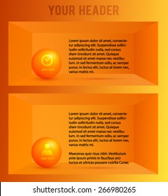 Modern Design infographic style template on orange background with 3d effect ball shape in volumetric shelf. Vector illustration EPS 10 for new product newsletters, web banners, pages presentation