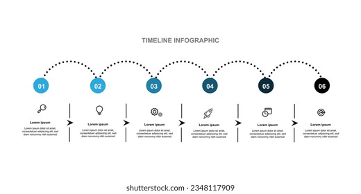 Modern design infographic template. Vector illustration with business icons.  Timeline presentation with 6 steps or options.