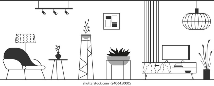 Decoración de diseño moderno con sillón, soporte para plantas y tv. Elementos de mobiliario de estilo lineal sencillo.