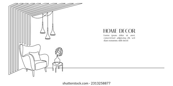 Modern design interior with armchair and wood slat walls in one continuous line drawing. Hygge scandinavian decor and soft furniture chair in simple linear style. Doodle vector illustration