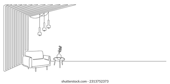 Modern design interior with armchair and wooden slat walls in one continuous line drawing. Hygge scandinavian decor and soft furniture chair in simple linear style. Doodle outline vector illustration