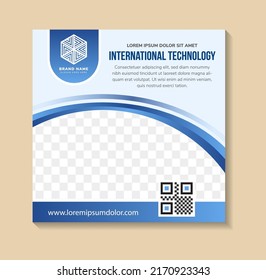 Modern design international technology conference banner for social media post template. diagonal curve blue gradient on elements. Space for photo and text. soft blue background with square layout.